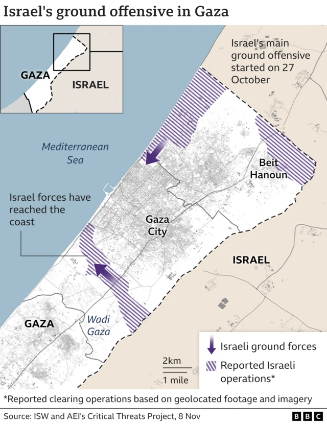 Map showing Israel's ground offensive in Gaza