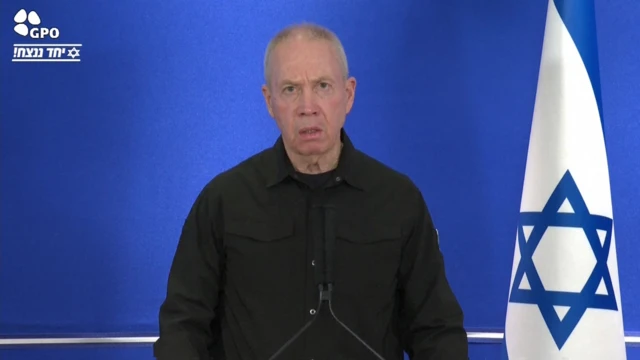 Yoav Gallant standing against a blue backdrop next to the Israeli flag