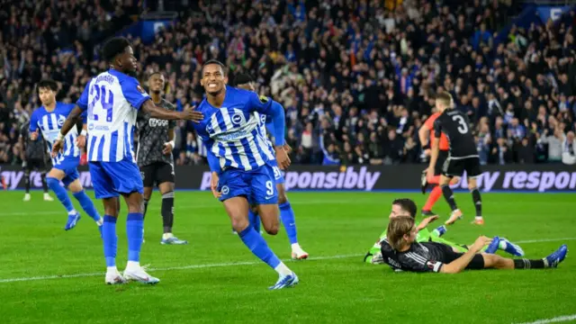 Brighton's Joao Pedro celebrates scoring against Ajax