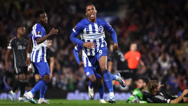 Brighton's Joao Pedro celebrates scoring against Ajax