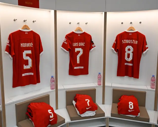 Luis Diaz shirt hangs ready in the dressing room.