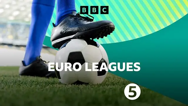 Footballer with their foot on the ball. BBC 5 Live Radio, Euro Leagues.