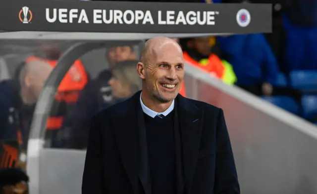 Clement smiling during Rangers' 2-1 win over Sparta Prague