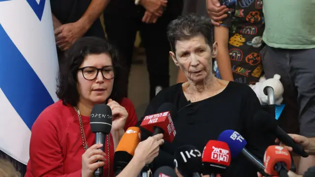 Yocheved Lifschitz speaks with the media next to her daughter Sharone Lifschitz after she was released, 24 October 2023