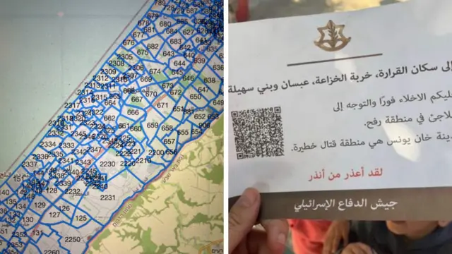 Split picture showing some of the IDF's map of Gaza broken down into numbered areas, as well as a picture of the leaflet being dropped on Khan Youinis