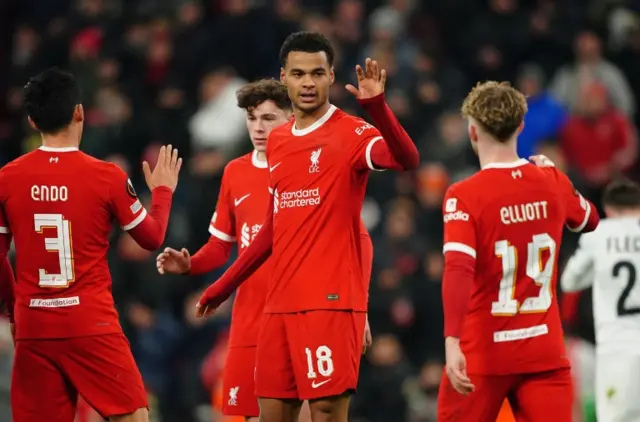 Cody Gakpo celebrates scoring for Liverpool against LASK