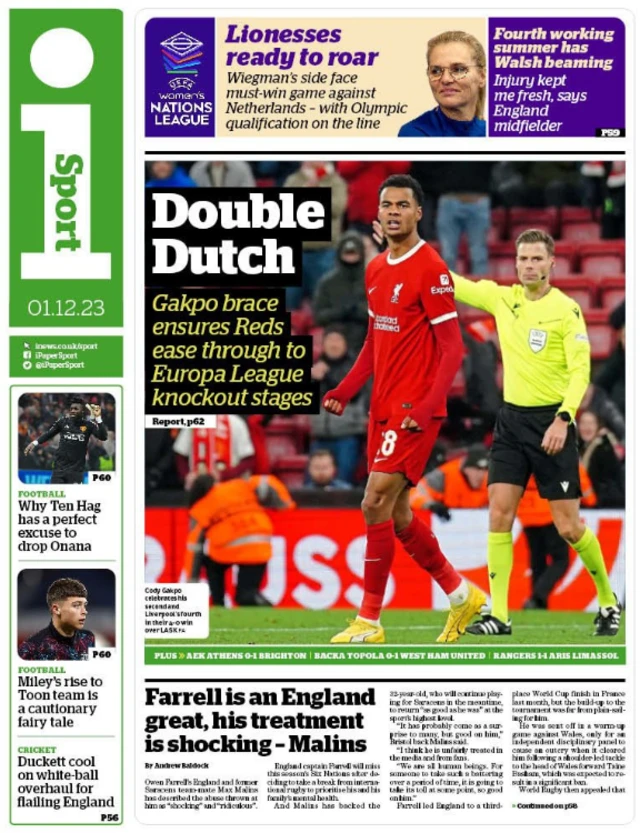 Lead page of i sport on 1 December 2023