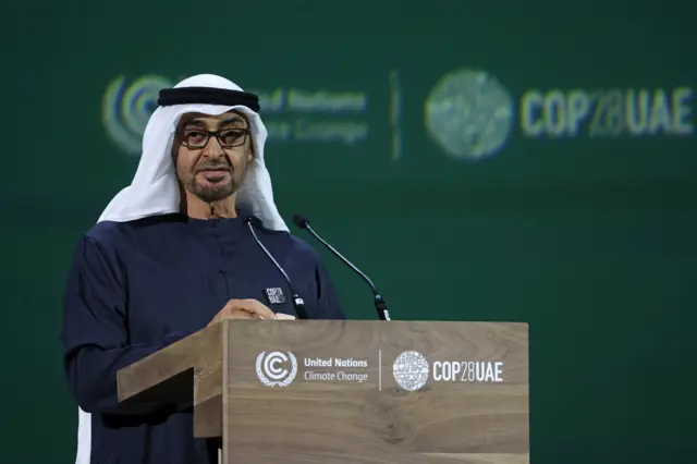 President of the United Arab Emirates Mohamed bin Zayed Al Nahyan delivers an address at the opening ceremony of the World Climate Action Summit during COP28