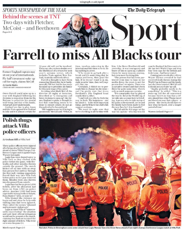 Lead sport page of the Daily Telegraph on 1 December 2023