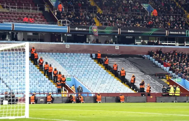 Empty away stand at Villa Park after Legia Warsaw fans prevented from entering