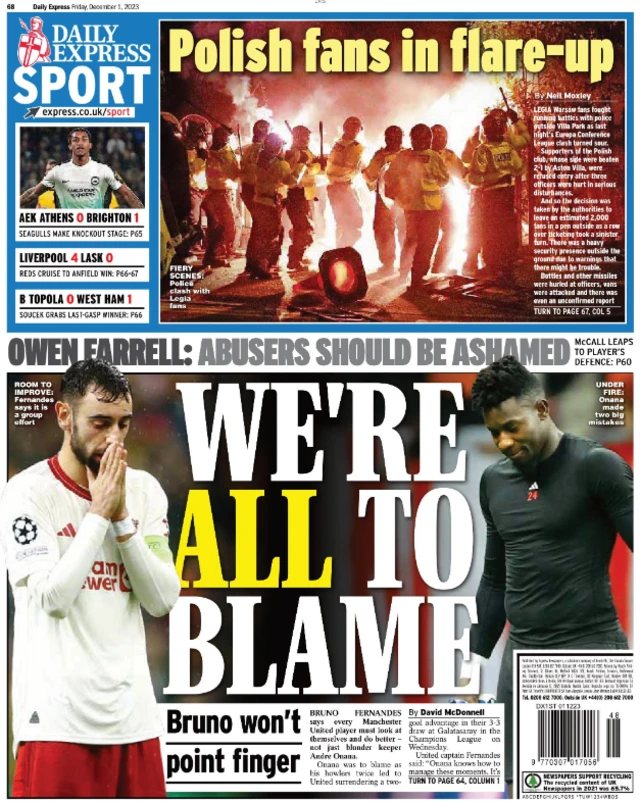 Back page of the Daily Express on 1 December 2023