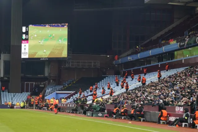 Empty away stand at Villa Park after Legia Warsaw fans prevented from entering