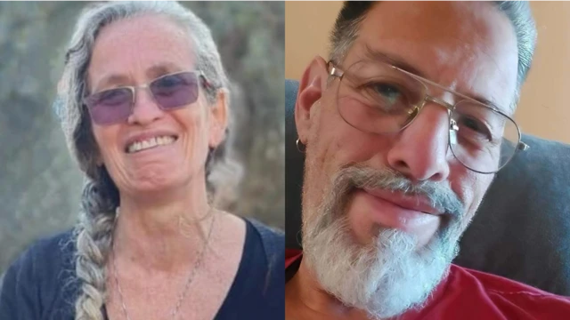 On the left, a woman whose hair is in a grey plait, smiles at the camera. On the right, a man with a grey beard takes a selfie