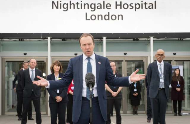 Matt Hancock at the opening of the NHS Nightingale Hospital in east London, the temporary hospital with 4,000 beds which has been set up for the treatment of Covid-19 patients in April 2020