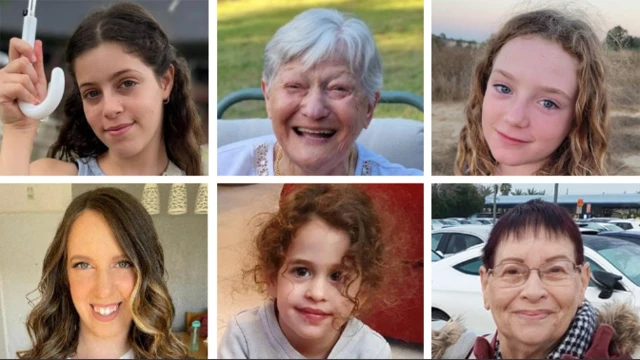 Composite image showing six hostages released from Gaza: Hila Rotem Shoshani, Yafa Adar, Emily Hand, Doron Katz-Asher, Avigail Idan, Channah Peri