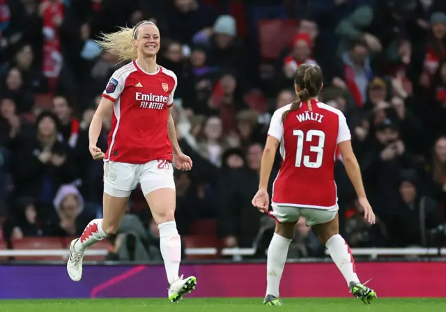 Arsenal's Amanda Ilestedt celebrates scoring their side's second goal of the game with team-mate Lia Walti