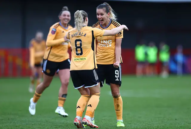 Lena Petermann of Leicester City celebrates after scoring their team's first goal during the Barclays Women's Super League match between Brighton & Hove Albion and Leicester City