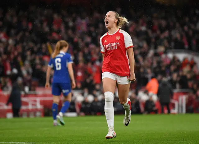 Beth Mead of Arsenal celebrates scoring their team's first goal during the Barclays Women's Super League match between Arsenal FC and Chelsea FC at Emirates Stadium