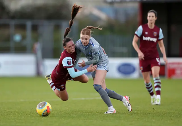 Jess Ziu of West Ham United clashes with Sara Holmgaard