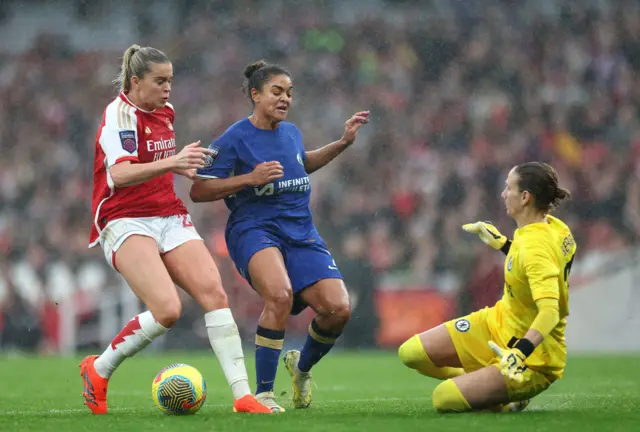 Arsenal's Alessia Russo fouled by Chelsea's Jess Carter and goalkeeper Ann-Katrin Berger, resulting in a penalty