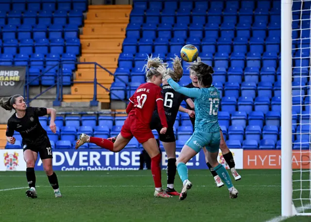 Sophie Roman Haug of Liverpool Women scoring the equalising goal making the score 1-1 during the Barclays Women´s Super League match between Liverpool FC and Bristol City at Prenton Park