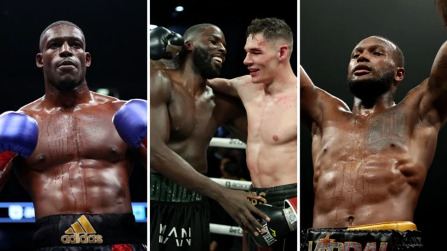 Split images of Richard Riakporhe, Chris Billam Smith & Lawrence Okolie hugging and Viddal Riley