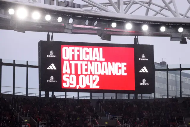 The LED board shows the record WSL match day attendance of 59,042 during the Barclays Women's Super League match between Arsenal FC and Chelsea FC at Emirates Stadium