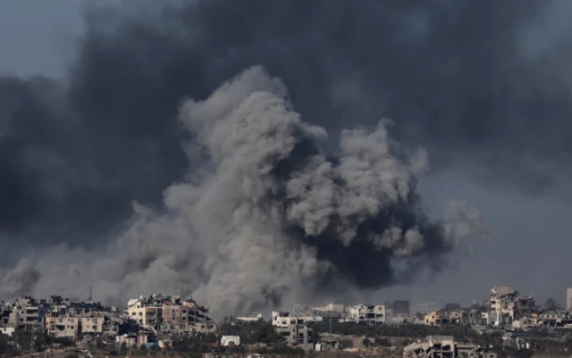 Smoke rises from the Gaza Strip following Israeli airstrikes, as seen from an undisclosed location near the border between Gaza and southern Israel, in Israel,