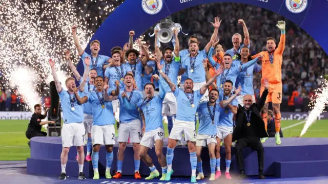 Man City celebrate winning the Champions League