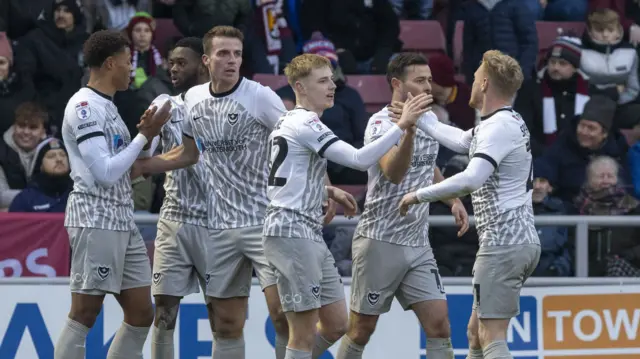 Portsmouth players celebrate a goal against Northampton Town