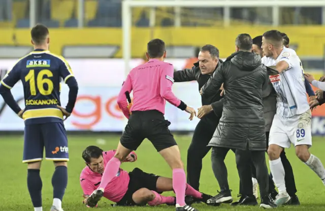 Faruk Koca, President of MKE Ankaragucu throws a punch to the referee Halil Umut Meler