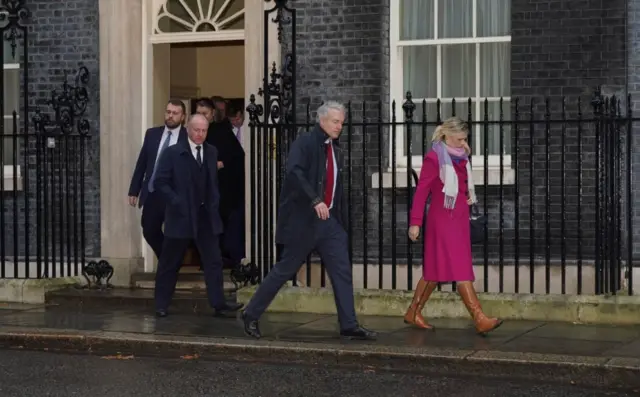 Conservative MPs Jonathan Gullis, Marco Longhi, Danny Kruger, and Miriam Cates, leave Downing Street following the breakfast meeting with Rishi Sunak