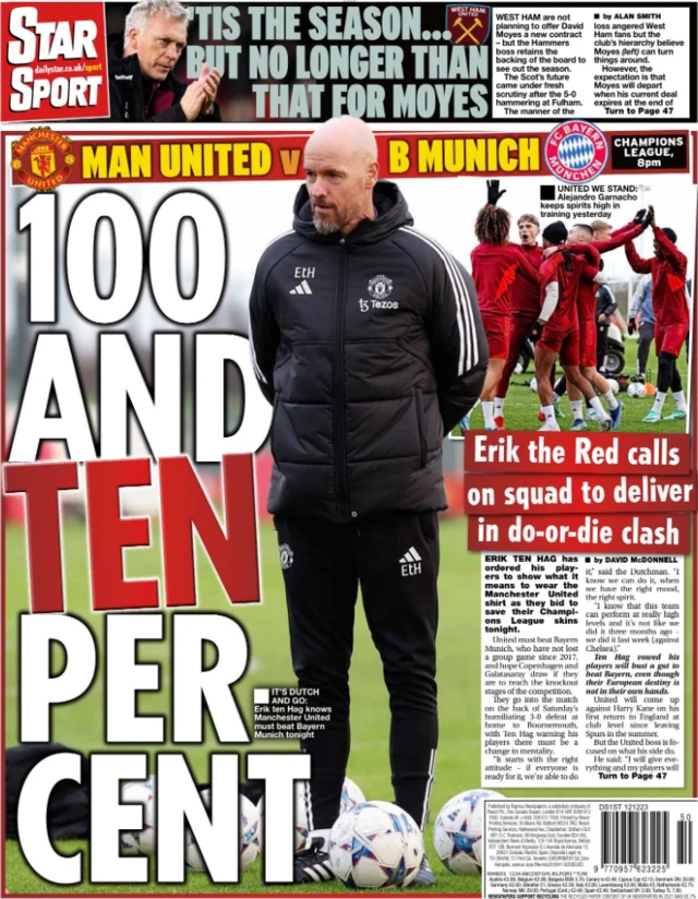 Erik Ten Hag on the backpage of the Daily Star