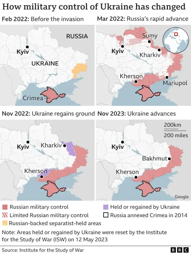 Map shows the parts of Ukraine which were captured by Russia