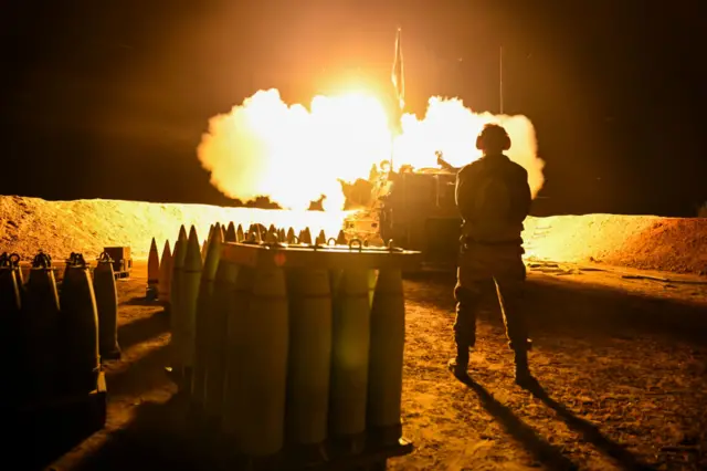 An Israel Defense Forces (IDF) artillery unit, using a self-propelled artillery howitzer, fires towards Gaza near the border on December 11, 2023 in Southern Israel