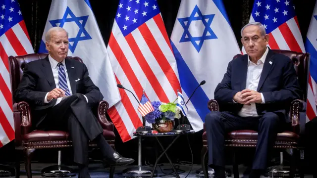 US President Joe Biden and Israel's Prime Minister Benjamin Netanyahu take a pause during a meeting on 18 October 2023.