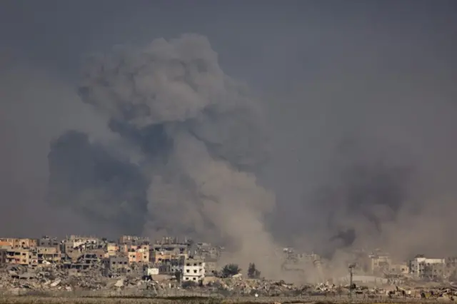 Smoke rises in Gaza, as seen from southern Israel