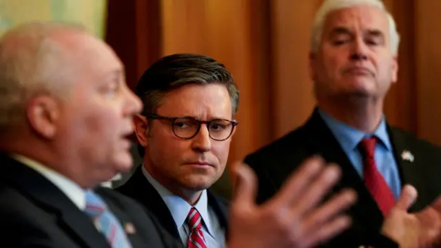 US House Speaker Mike Johnson with Rep Tom Emmer and House Minority Whip Steve Scalise at a press conference