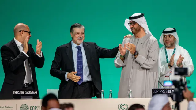 President of COP28 and UAE's Minister for Industry and Advanced Technology Dr. Sultan Ahmed Al Jaber (2R) during the 2023 United Nations Climate Change Conference (COP28), in Dubai, United Arab Emirates, 12 December 2023. The 2023 United Nations Climate Change Conference (COP28), runs from 30 November to 12 December, and is expected to host one of the largest number of participants in the annual global climate conference as over 70,000 estimated attendees, including the member states of the UN Framework Convention on Climate Change (UNFCCC), business leaders, young people, climate scientists, Indigenous Peoples and other relevant stakeholders will attend.