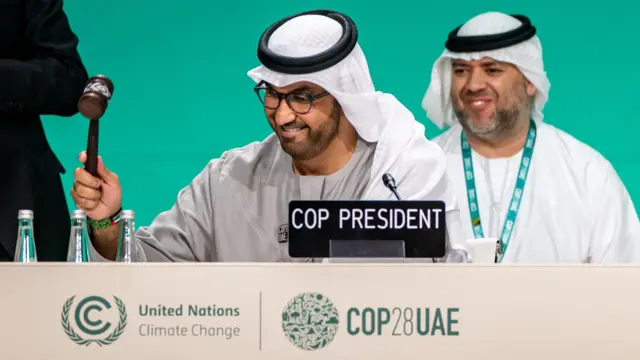 COP28 president Sultan al-Jaber bangs the gavel at COP28