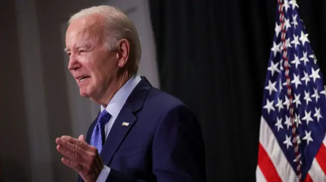 US President Joe Biden delivers remarks, following a hostages-prisoners swap deal between Hamas and Israel, during a press conference in Nantucket