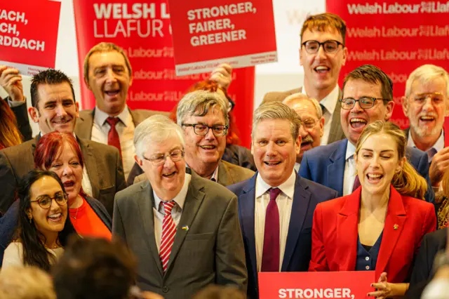 Sir Keir Starmer and Mark Drakeford with Labour supporters at the launch of the Welsh Labour election campaign at Bridgend College