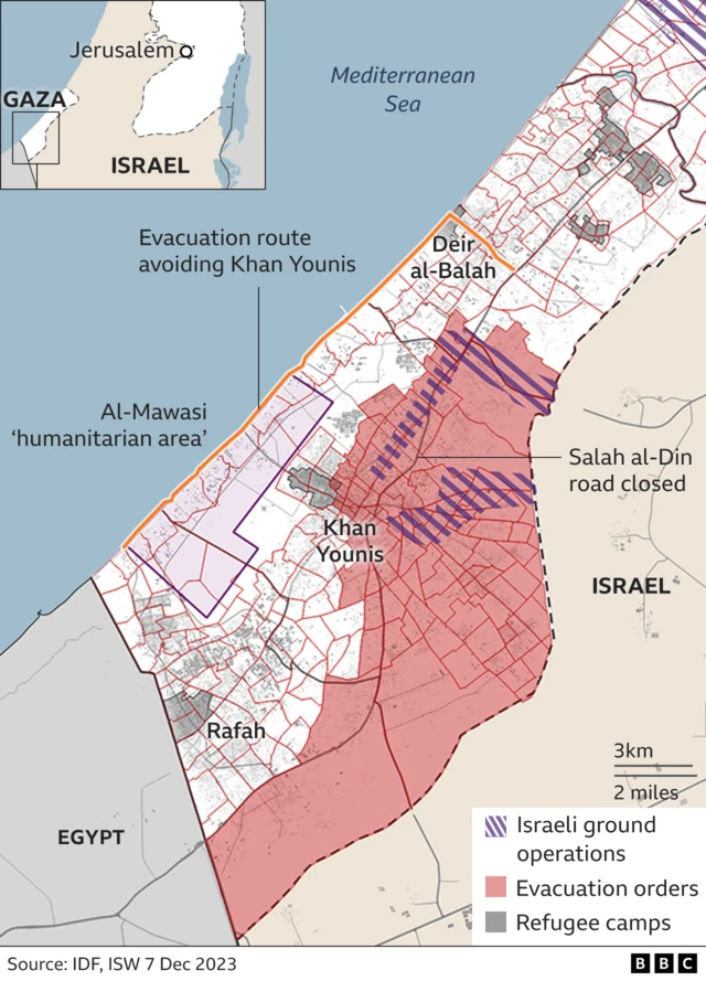 Map showing area of south eastern Gaza told to evacuate and that Israeli ground operations have started in an area north of Khan Younis