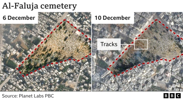 Split image from 6 December and 10 December showing al-Jabaliya cemetery