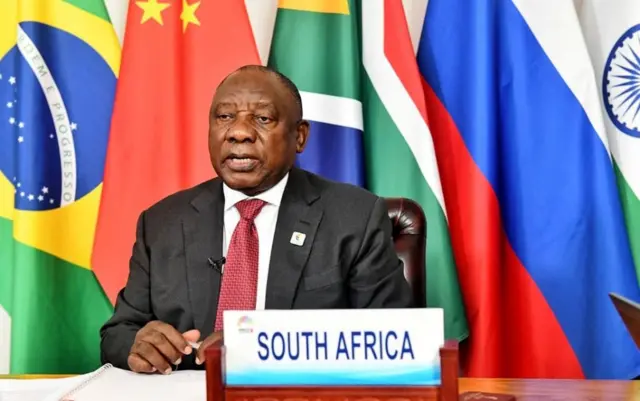 South African President Cyril Ramaphosa speaks during BRICS Extraordinary Joint Meeting on the Middle East situation in Johannesburg, South Africa on November 21, 2023.