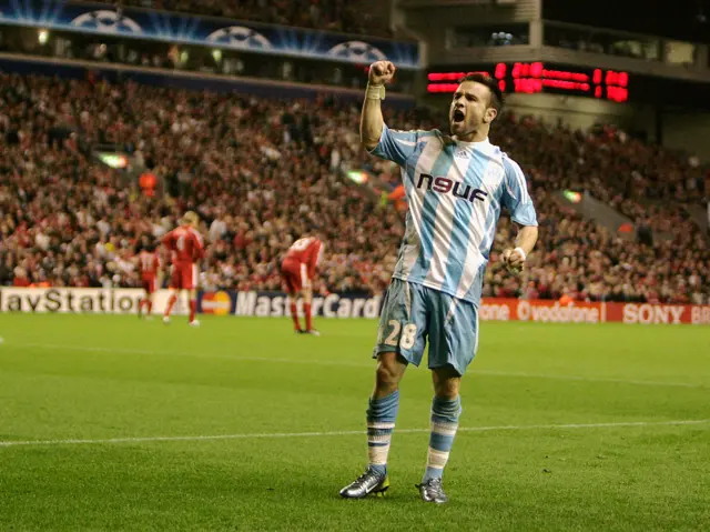 Mathieu Valbuena of Marseille celebrates at Anfield