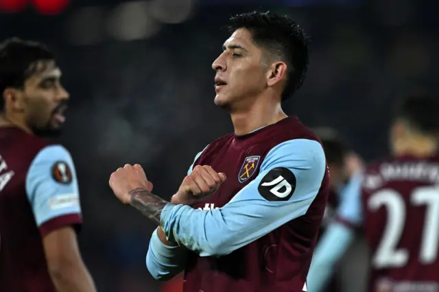 Edson Alvarez celebrates for West Ham by crossing his arms doing the Hammers gesture