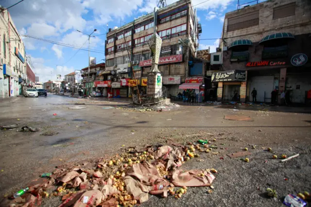 A view of a destroyed street at the entrance to the Jenin refugee camp in the West Bank during a military operation.