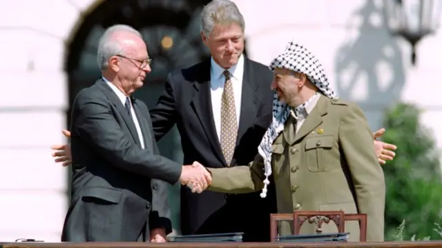 Israeli PM Yitzahk Rabin, US President Bill Clinton and PLO leader Yasser Arafat