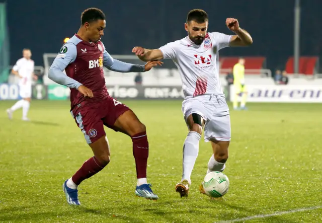 Slobodan Jakovljevic of Zrinjski in action against Jacob Ramsey of Aston Villa